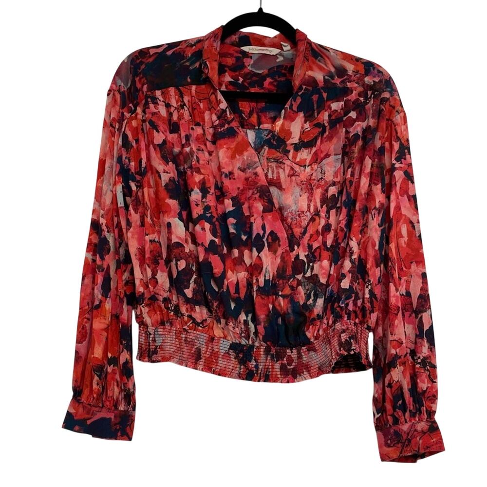 Soft Surroundings Red Blue Abstract Floral Print Boho Blouse Womens Xs Fall Top